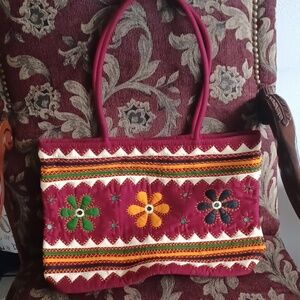 Bohemian Flower Embroidered Fabric Bag, zipper closure,  inside zip pockets